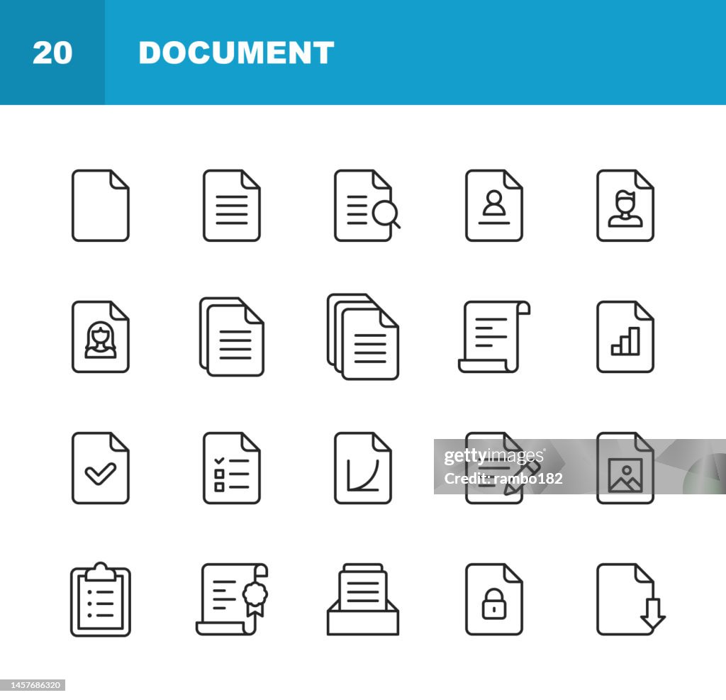 Document Line Icons. Editable Stroke. Pixel Perfect. For Mobile and Web. Contains such icons as Agreement, Certificate, Chart, Clipboard, Config, Data, Download, E-Mail, File, Image, Law, Report, Resume, Search, Security, Settings, Share, Text, Upload.
