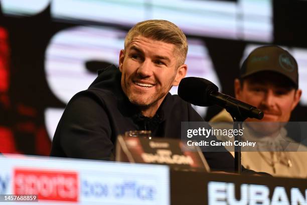 Liam Smith speaks to the media during a press conference at Manchester Central Convention Complex on January 19, 2023 in Manchester, England.