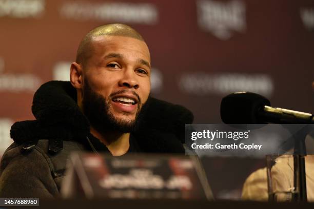 Chris Eubank Jr. Speaks to the media during a press conference at Manchester Central Convention Complex on January 19, 2023 in Manchester, England.