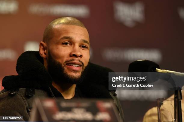 Chris Eubank Jr. Speaks to the media during a press conference at Manchester Central Convention Complex on January 19, 2023 in Manchester, England.