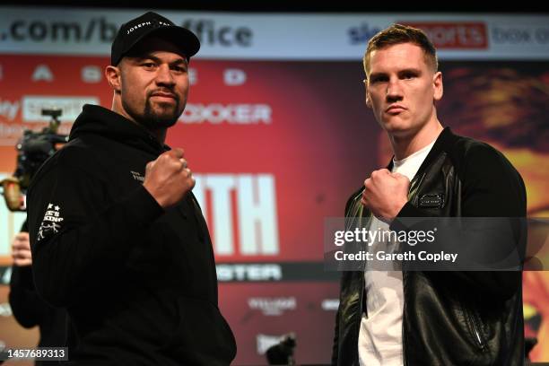 Joseph Parker and Jack Massey pose for a photo at the face off at Manchester Central Convention Complex on January 19, 2023 in Manchester, England.