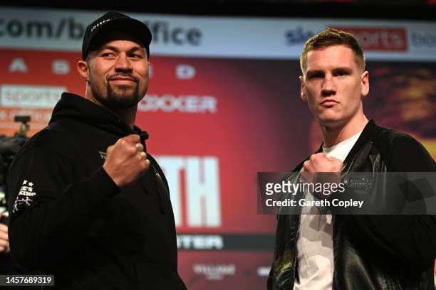 Joseph Parker and Jack Massey pose for a photo at the face off at Manchester Central Convention Complex on January 19, 2023 in Manchester, England.