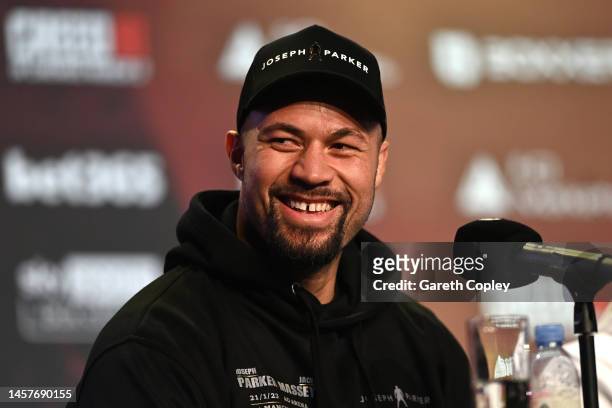 Joseph Parker speaks to the media during a press conference at Manchester Central Convention Complex on January 19, 2023 in Manchester, England.
