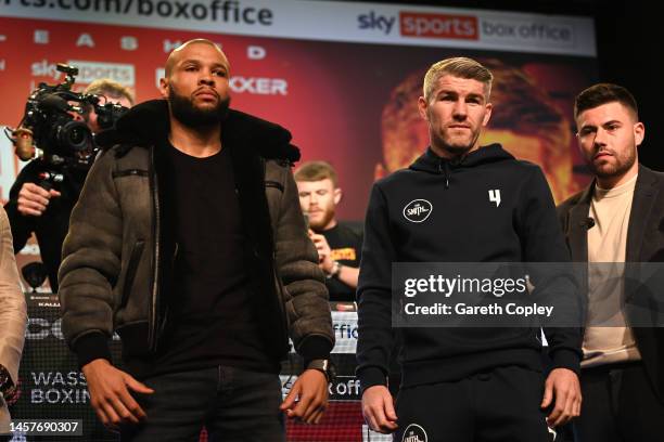 Chris Eubank Jr. And Liam Smith pose for a photo during the face off at Manchester Central Convention Complex on January 19, 2023 in Manchester,...