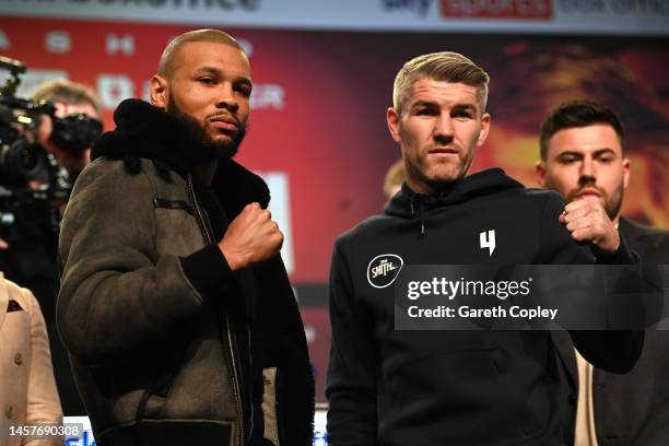 Chris Eubank Jr. And Liam Smith pose for a photo during the face off at Manchester Central Convention Complex on January 19, 2023 in Manchester,...