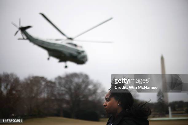 Marine One, carrying U.S. President Joe Biden, departs the White House on January 19, 2023 in Washington, DC. Biden is scheduled to travel to...