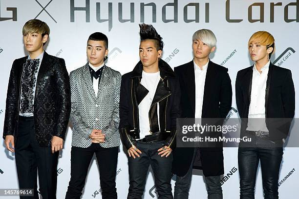 South Korean boy band T.O.P., Seungri, Taeyang, Daesung and G-Dragon of Big Bang attend the Hyundai Card Collaboration With YG Entertainment at...