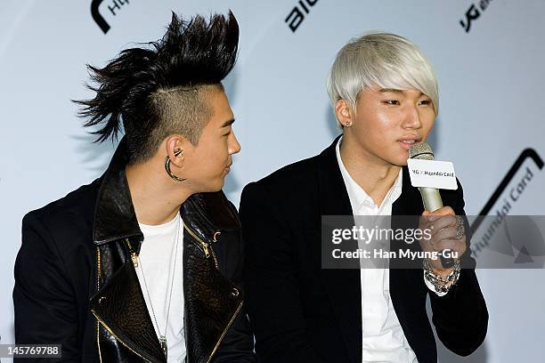 South Korean boy band Taeyang and Daesung of Big Bang attend the Hyundai Card Collaboration With YG Entertainment at Hyundai Card headquarters on...