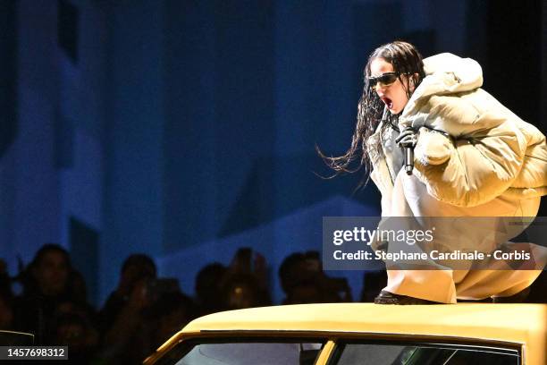 Singer Rosalia performs during the Louis Vuitton Menswear Fall-Winter 2023-2024 show as part of Paris Fashion Week on January 19, 2023 in Paris,...