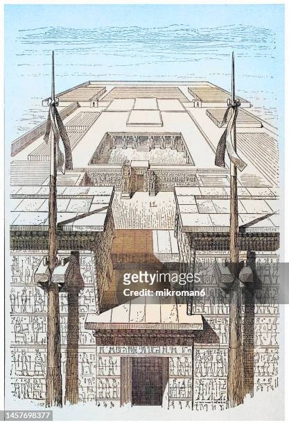 old engraved illustration of the ramesseum is the memorial temple (or mortuary temple) of pharaoh ramesses ii ("ramesses the great" or "ramses" and "rameses") - テーベ ストックフォトと画像