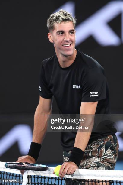 Thanasi Kokkinakis of Australia reacts in their round two singles match against Andy Murray of Great Britain during day four of the 2023 Australian...