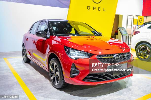 Opel Corsa-e full electric compact hatchback car at Brussels Expo on January 13, 2023 in Brussels, Belgium.