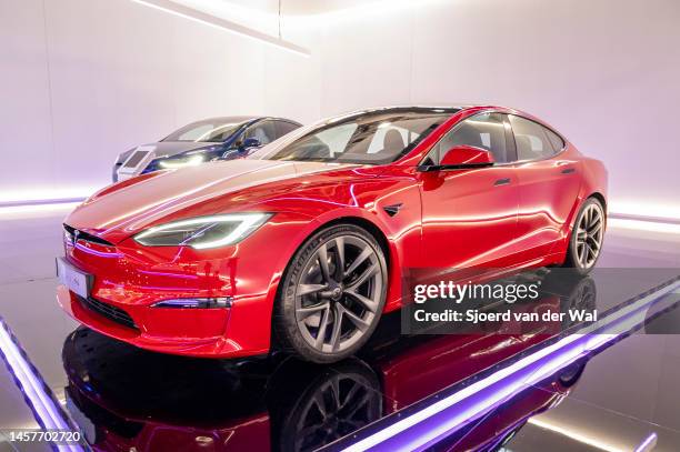 Tesla Model S Plaid full electric sedan at Brussels Expo on January 13, 2023 in Brussels, Belgium. The Plaid version of the Model S is a fast...