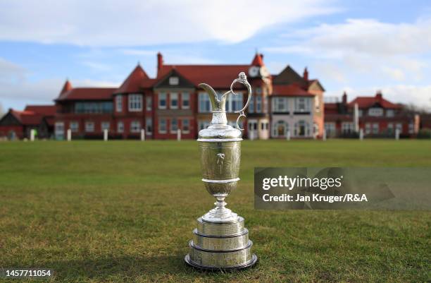 The Claret Jug is displayed during previews for The 151st Open Championship at Royal Liverpool Golf Club on December 20, 2022 in Hoylake, England.