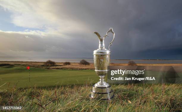 The Claret Jug is displayed during previews for The 151st Open Championship at Royal Liverpool Golf Club on December 20, 2022 in Hoylake, England.