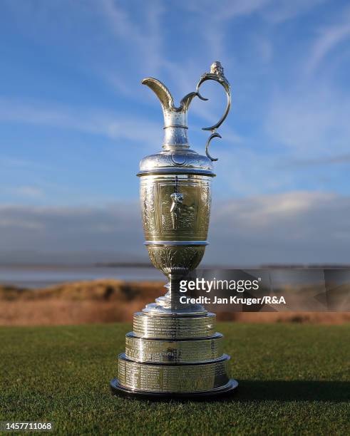 The Claret Jug is displayed during previews for The 151st Open Championship at Royal Liverpool Golf Club on December 20, 2022 in Hoylake, England.