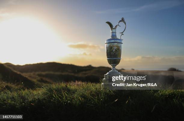 The Claret Jug is displayed during previews for The 151st Open Championship at Royal Liverpool Golf Club on December 20, 2022 in Hoylake, England.