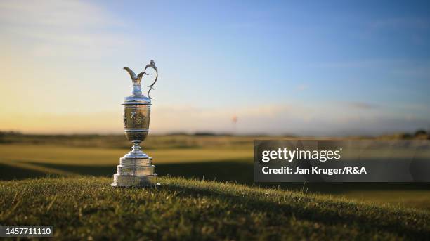 The Claret Jug is displayed during previews for The 151st Open Championship at Royal Liverpool Golf Club on December 20, 2022 in Hoylake, England.