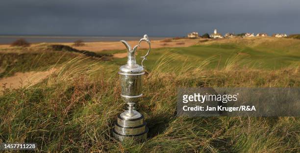 The Claret Jug is displayed during previews for The 151st Open Championship at Royal Liverpool Golf Club on December 20, 2022 in Hoylake, England.
