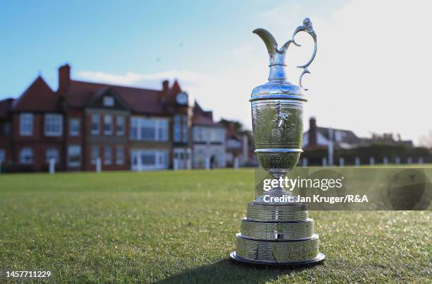 The Claret Jug is displayed during previews for The 151st Open Championship at Royal Liverpool Golf Club on December 20, 2022 in Hoylake, England.