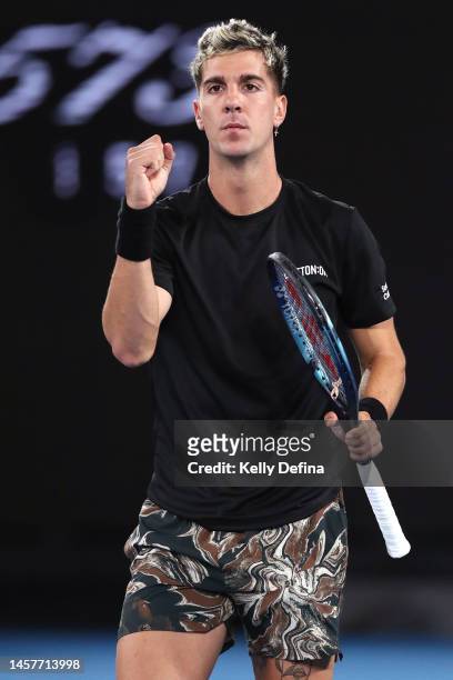 Thanasi Kokkinakis of Australia reacts in their round two singles match against Andy Murray of Great Britain during day four of the 2023 Australian...