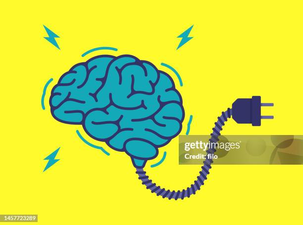 brain power plug-in elektrisches brainstorming-konzept - stromstecker stock-grafiken, -clipart, -cartoons und -symbole