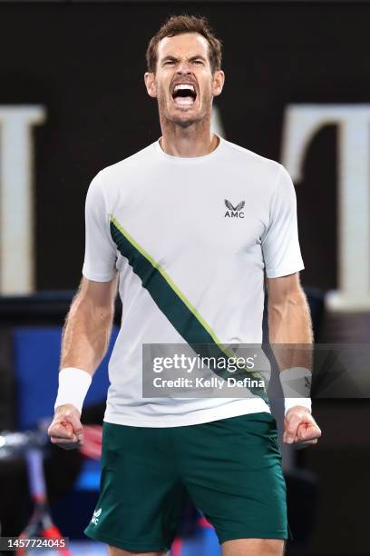 Andy Murray of Great Britain celebrates winning the match in their round two singles match against Thanasi Kokkinakis of Australia during day four of...