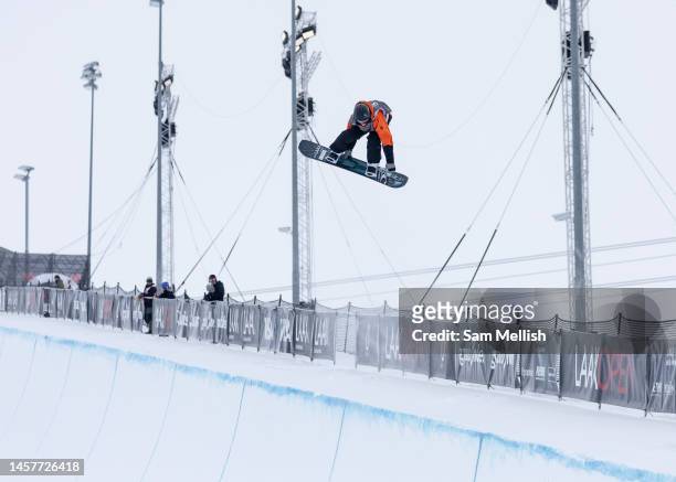 Jan Scherrer of Switzerland competes during the Men's Halfpipe Semi Finals of the FIS Snowboard World Cup 2023 'Laax Open' on January 19, 2023 in...
