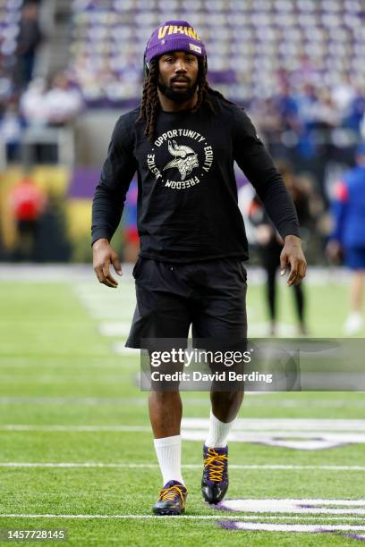 Dalvin Cook of the Minnesota Vikings warms up prior to a game against the New York Giants in the NFC Wild Card playoff game at U.S. Bank Stadium on...