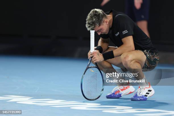 Thanasi Kokkinakis of Australia shows his dejection during his five set defeat in their round two singles match against Andy Murray of Great Britain...