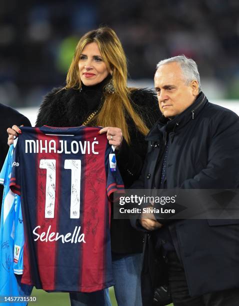 Arianna Mihajlovic poses for photographers in memory of her husband Sinisa Mihajlovic with Claudio Lotito President of SS Lazio prior the Coppa...