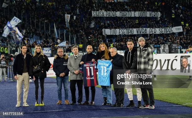 Arianna Mihajlovic and sons poses for photographers in memory of Sinisa Mihajlovic with Claudio Lotito President of SS Lazio prior the Coppa Italia...