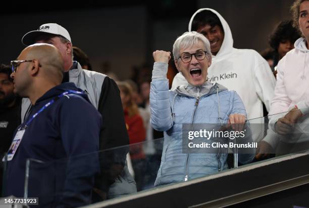 Judy Murray mother of Andy Murray of Great Britain's celebrates her sons five set victory in their round two singles match against Thanasi Kokkinakis...