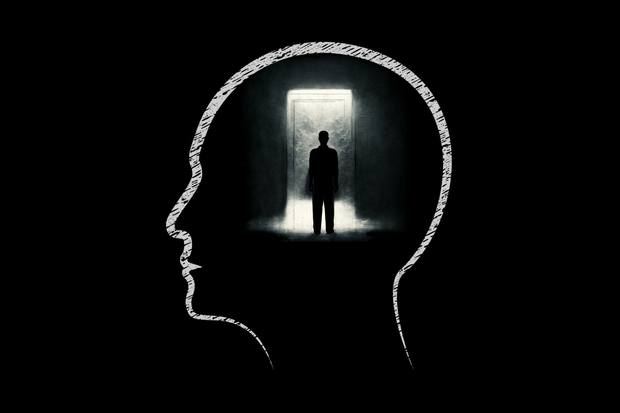 Human head with silhouette of a businessman looking towards a bright doorway in dark room Human head with silhouette of a businessman looking towards a bright doorway in dark room