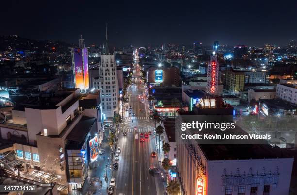 aerial view above hollywood boulevard and the hollywood and highland complex on the left - hollywood walk of fame fotografías e imágenes de stock