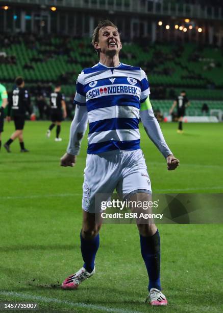 Floris van der Linden of SV Spakenburg celebrating the 3-0 during the Dutch TOTO KNVB Cup Round 2 match between FC Groningen and SV Spakenburg at the...