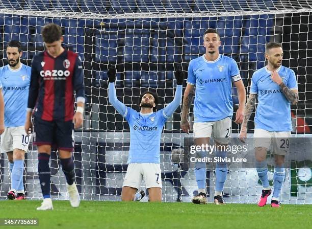 Felipe Anderson of SS Lazio celebrates after scoring goal 1-0 during the Coppa Italia match between SS Lazio and Bologna FC at at Olimpico Stadium on...