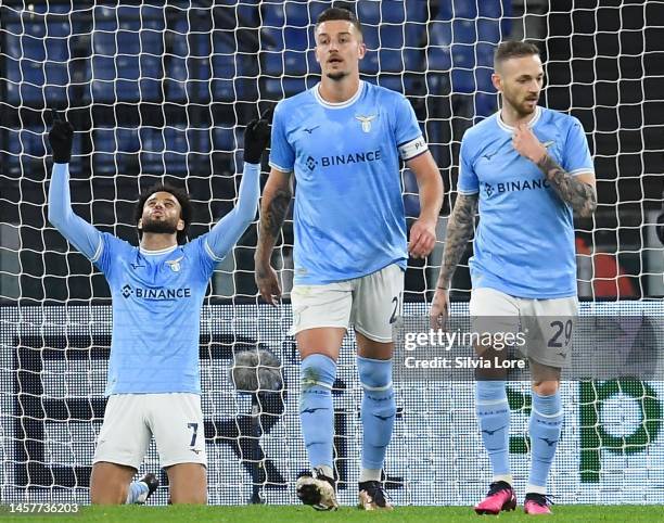 Felipe Anderson of SS Lazio celebrates after scoring goal 1-0 during the Coppa Italia match between SS Lazio and Bologna FC at at Olimpico Stadium on...