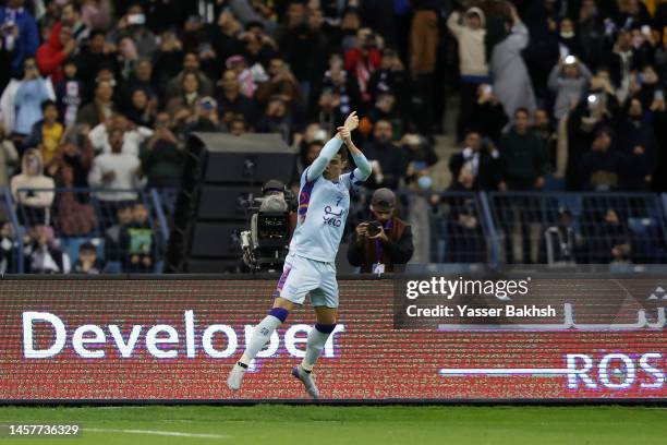 Cristiano Ronaldo of Riyadh XI celebrates after scoring the side's first goal form the penalty spot during the Winter Tour 2023 friendly between...