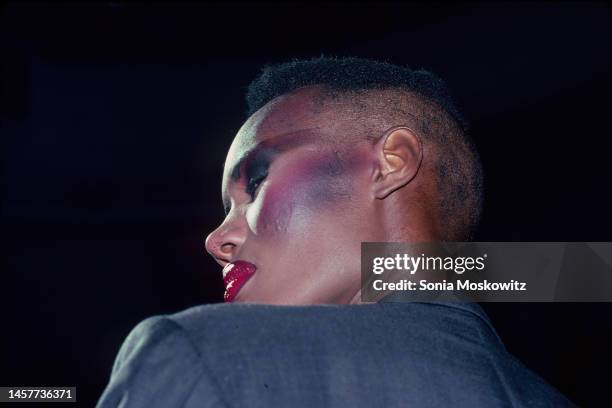 Close-up of Jamaican-born singer and model Grace Jones as she performs, New York, New York, November 1, 1981.