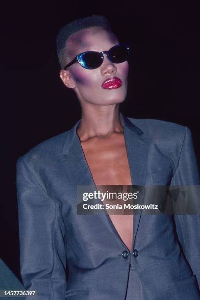 Close-up of Jamaican-born singer and model Grace Jones as she performs, New York, New York, November 1, 1981.