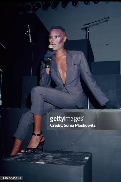View of Jamaican-born singer and model Grace Jones as she performs, New York, New York, November 1, 1981.