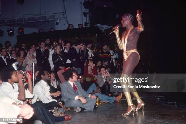 Jamaican-born singer and model Grace Jones performs on New Year's Eve at Studio 54, New York, New York, December 31, 1977.