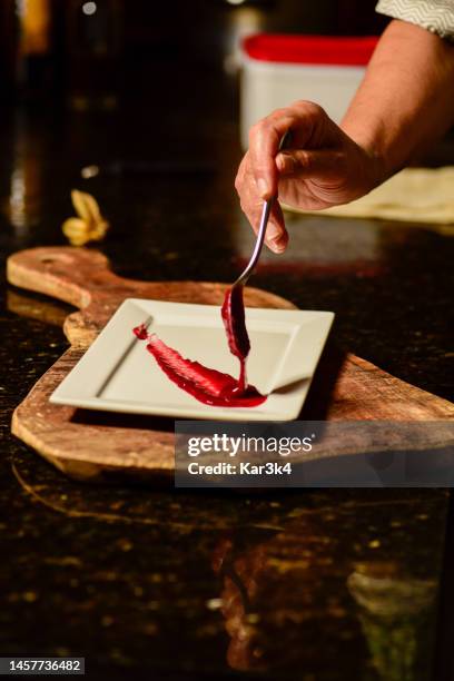 dish preparation with molten lava cake. dessert with cake and natural ice cream. - red velvet ice cream stock pictures, royalty-free photos & images