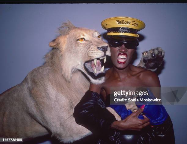 Jamaican-born singer and model Grace Jones poses with a lion at the Area nightclub, New York, New York, March 1, 1984.