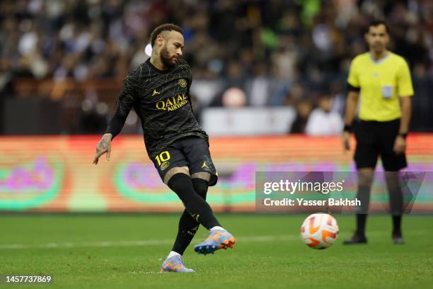 Neymar of Paris Saint-Germain misses a penalty during the Winter Tour 2023 friendly between Paris Saint-Germain and Riyadh XI at King Fahd...