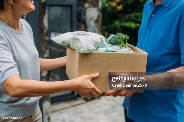 unrecognizable woman hands out food donations during charity drive - food bank box stock pictures, royalty-free photos & images