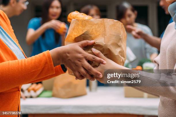 una mujer irreconocible entrega donaciones de alimentos durante la campaña benéfica - food pantry fotografías e imágenes de stock