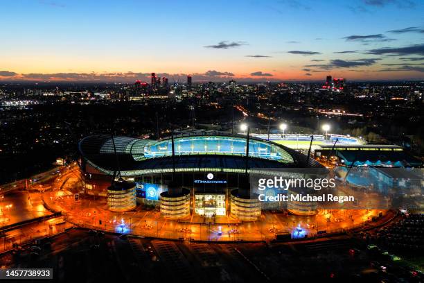 An aerial view of Etihad Stadium prior to the Premier League match between Manchester City and Tottenham Hotspur at Etihad Stadium on January 19,...