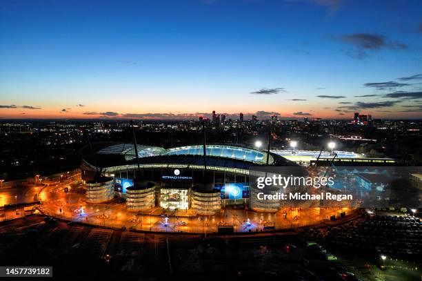 An aerial view of Etihad Stadium prior to the Premier League match between Manchester City and Tottenham Hotspur at Etihad Stadium on January 19,...